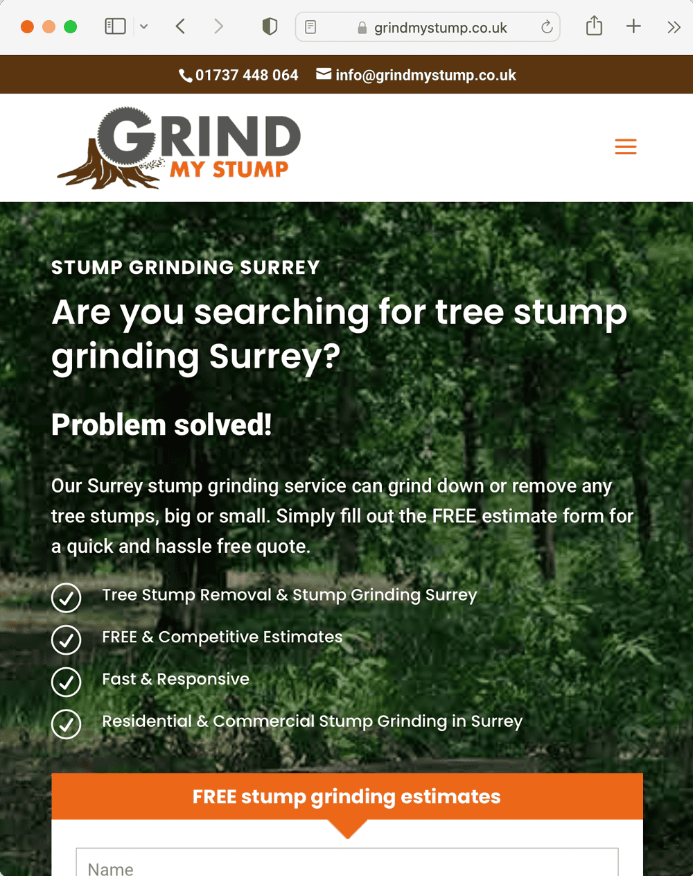 Screen shot showing a page layout for Grind My Stump a Surrey stump removals expert. Screen shot showing a page layout for Grind My Stump a Surrey stump removals expert.