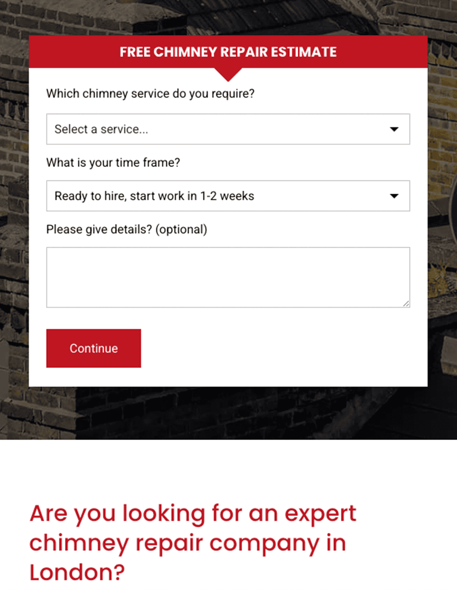 Screenshot showing a chimney repair estimate form Screenshot showing a chimney repair estimate form